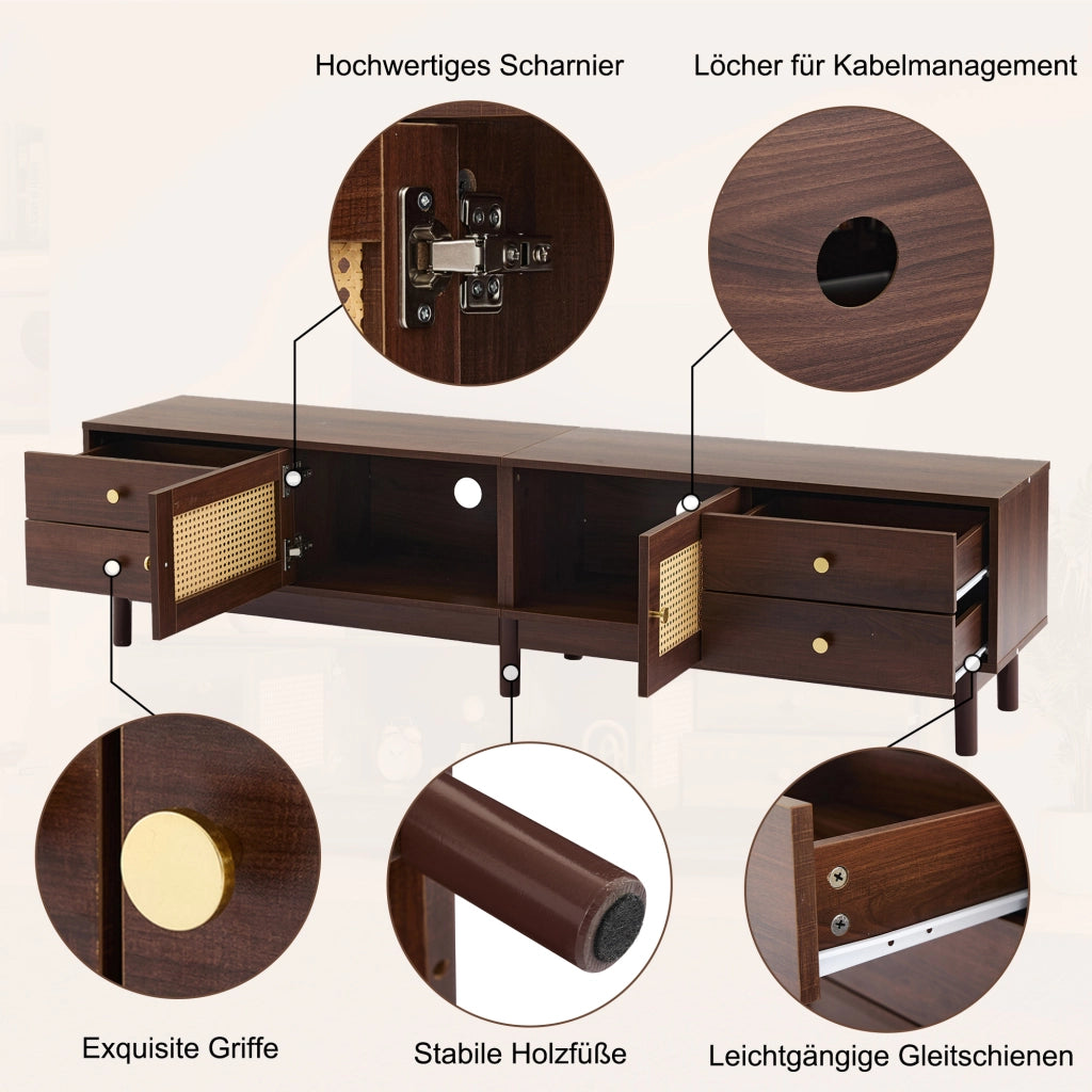 Mobile TV con 2 ante in rattan e 4 cassetti; gestione cavi; pannello truciolare marrone 180 × 35 × 44 cm