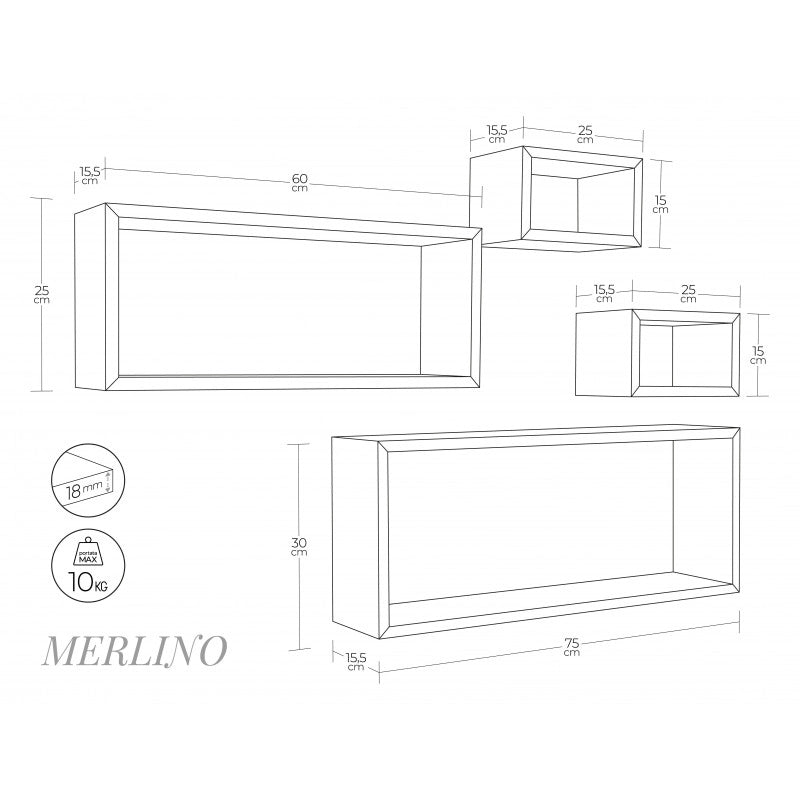 Set 4 Mensole da Muro, Pensile Bagno, Mensola Parete, Scaffale Parete, Verde, 75x30 p15,5 cm, 60x25 p15,5 cm e 2 da 25x15 p15,5 cm - Merlino