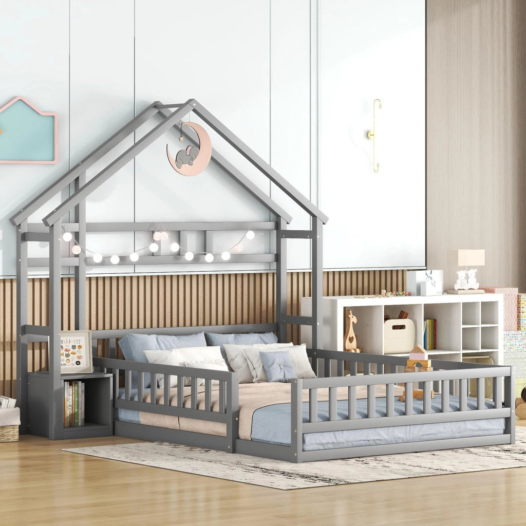 Letto a Casetta 140x200 cm in legno di pino con Sponde di Sicurezza Grigio