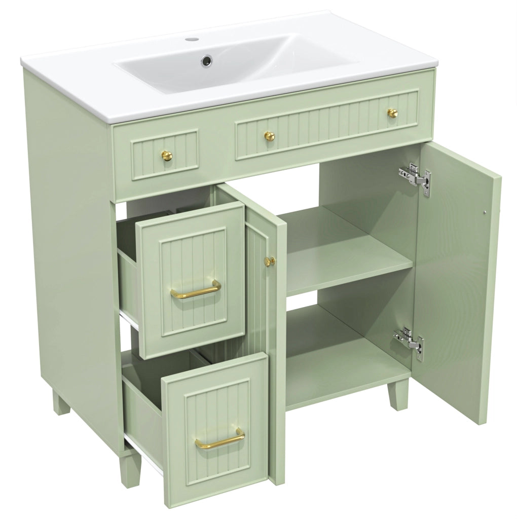 Mobile bagno con lavabo in ceramica 81,7 cm, struttura in MDF verniciato, piedini in legno massello di pino, colore verde