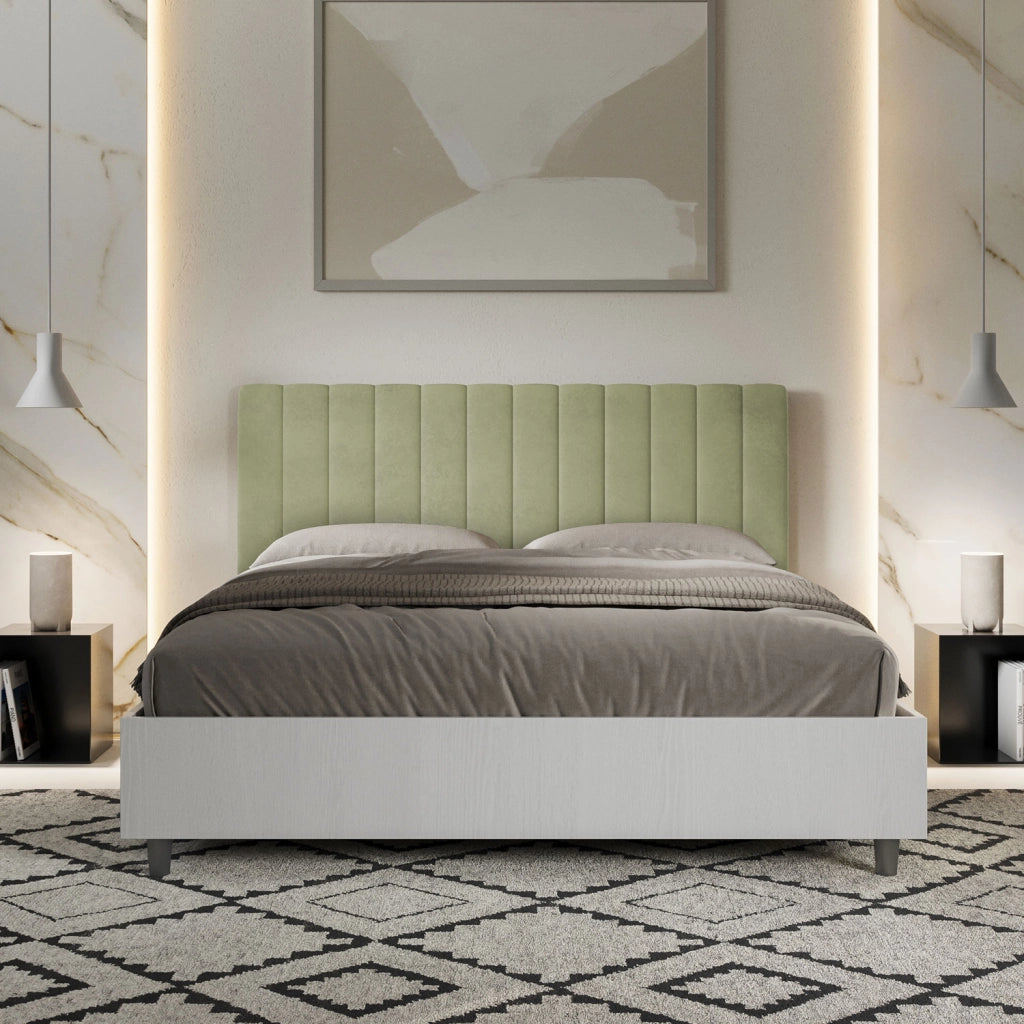 BS COM Letto matrimoniale con rete 160x190 bianco frassino testata microfibra tè verde