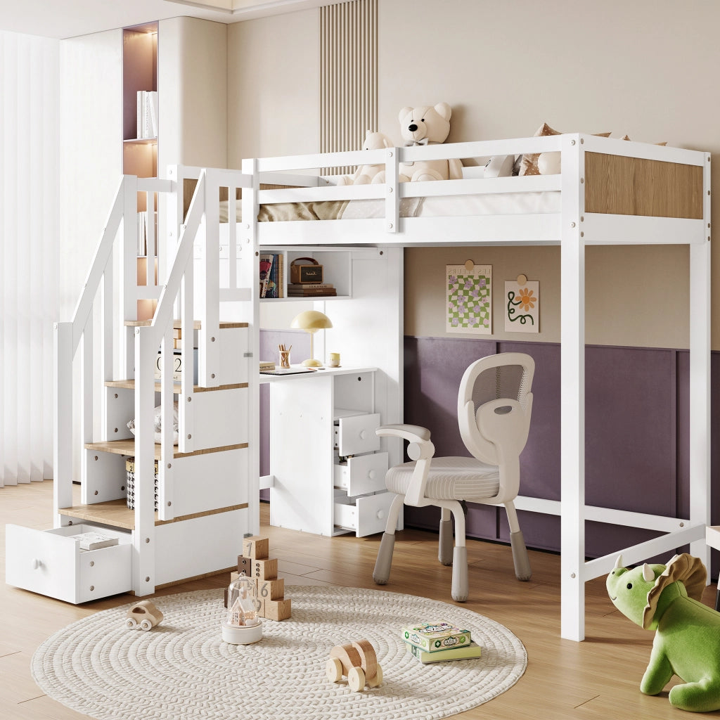 Letto a soppalco per bambini con scrivania; pino e MDF; bianco e naturale; protezioni; 90x200 cm