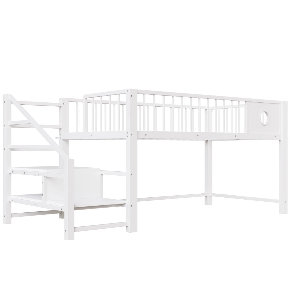 Letto a Soppalco Basso per Bambini Singolo 90x200 cm Struttura in Metallo Bianco con Scala Contenitore