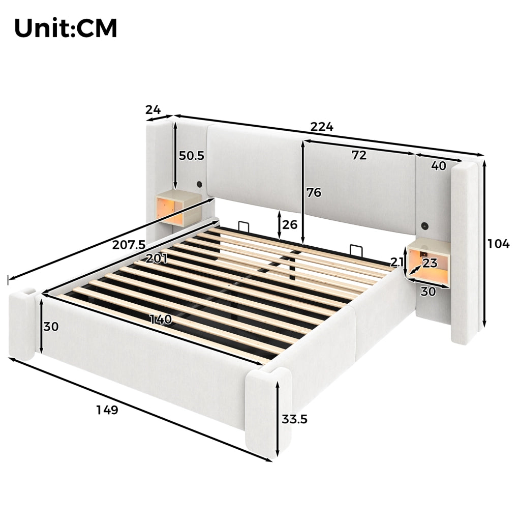 Letto matrimoniale 140x200 cm imbottito in lino beige con contenitore idraulico e LED HOMVRA
