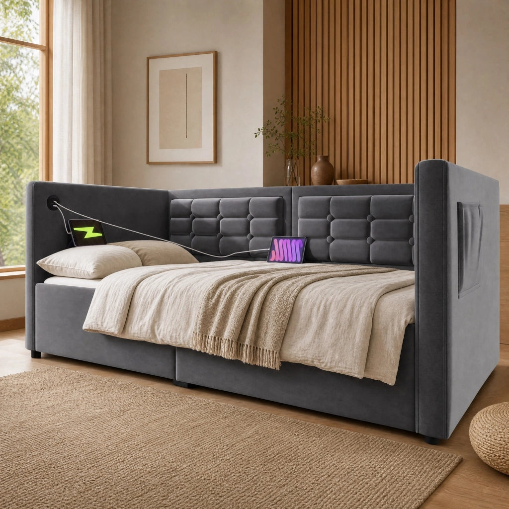 Divano letto imbottito 90x190 cm in velluto grigio con contenitore; USB e Type-C