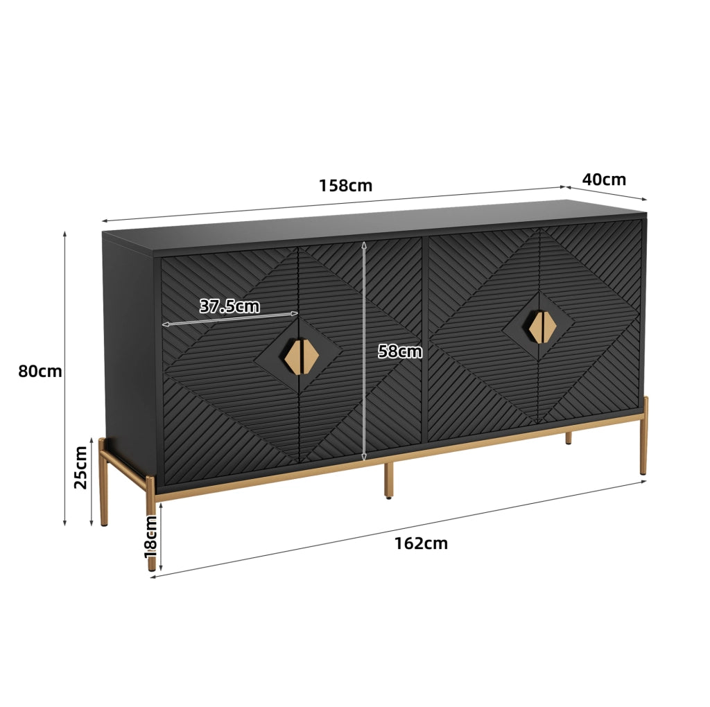 Sideboard moderno in nero con motivi geometrici, 162x40x80 cm, struttura in PB e MDF, gambe in metallo