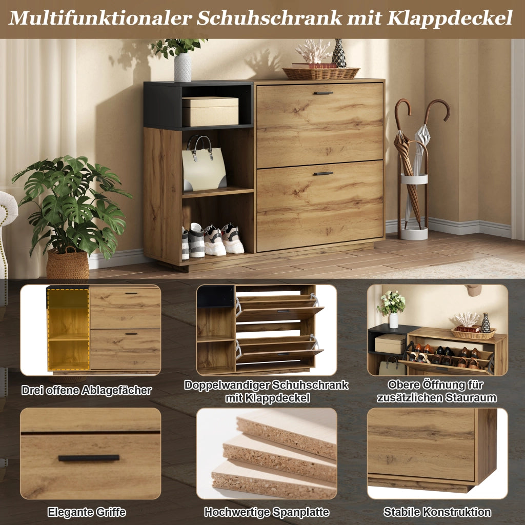 Scarpiera per ingresso con 3 vani aperti e 2 scomparti a ribalta in MDF naturale e nero 120 × 32 × 84.5 cm