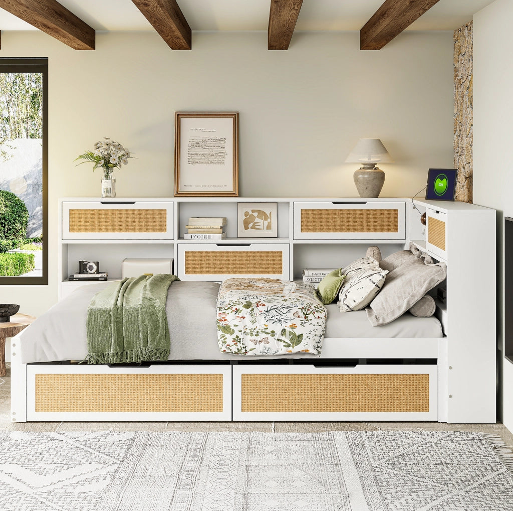 Divano letto 140x200 cm con USB e spazio contenitore in MDF bianco