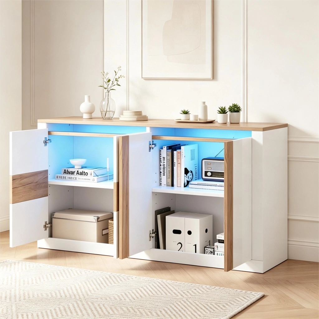 Credenza con 4 ante; ripiani regolabili e LED RGB - per soggiorno - 140×35×70 cm - bianco