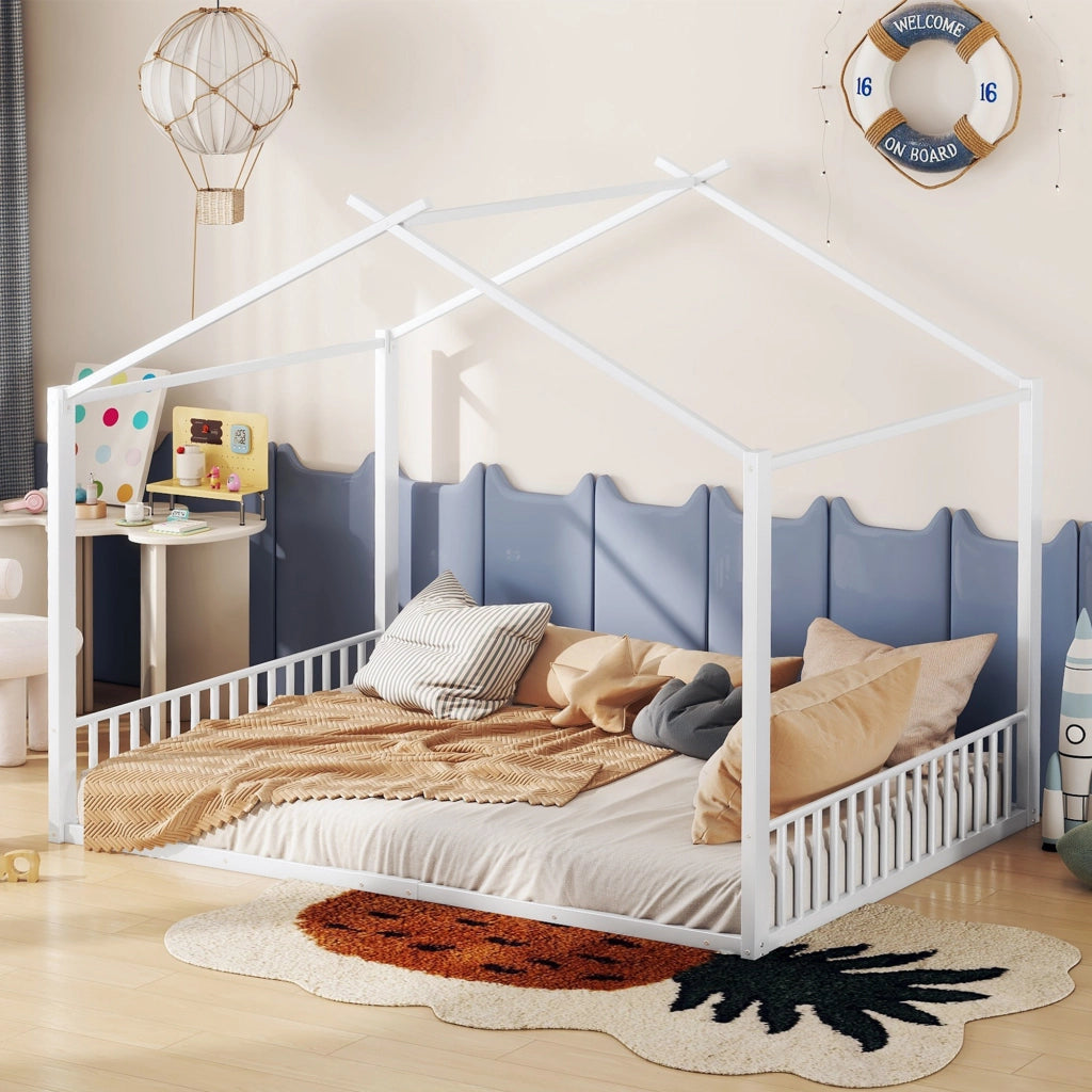 Letto a casetta 140 × 200 cm in metallo bianco con struttura superiore nera senza materasso