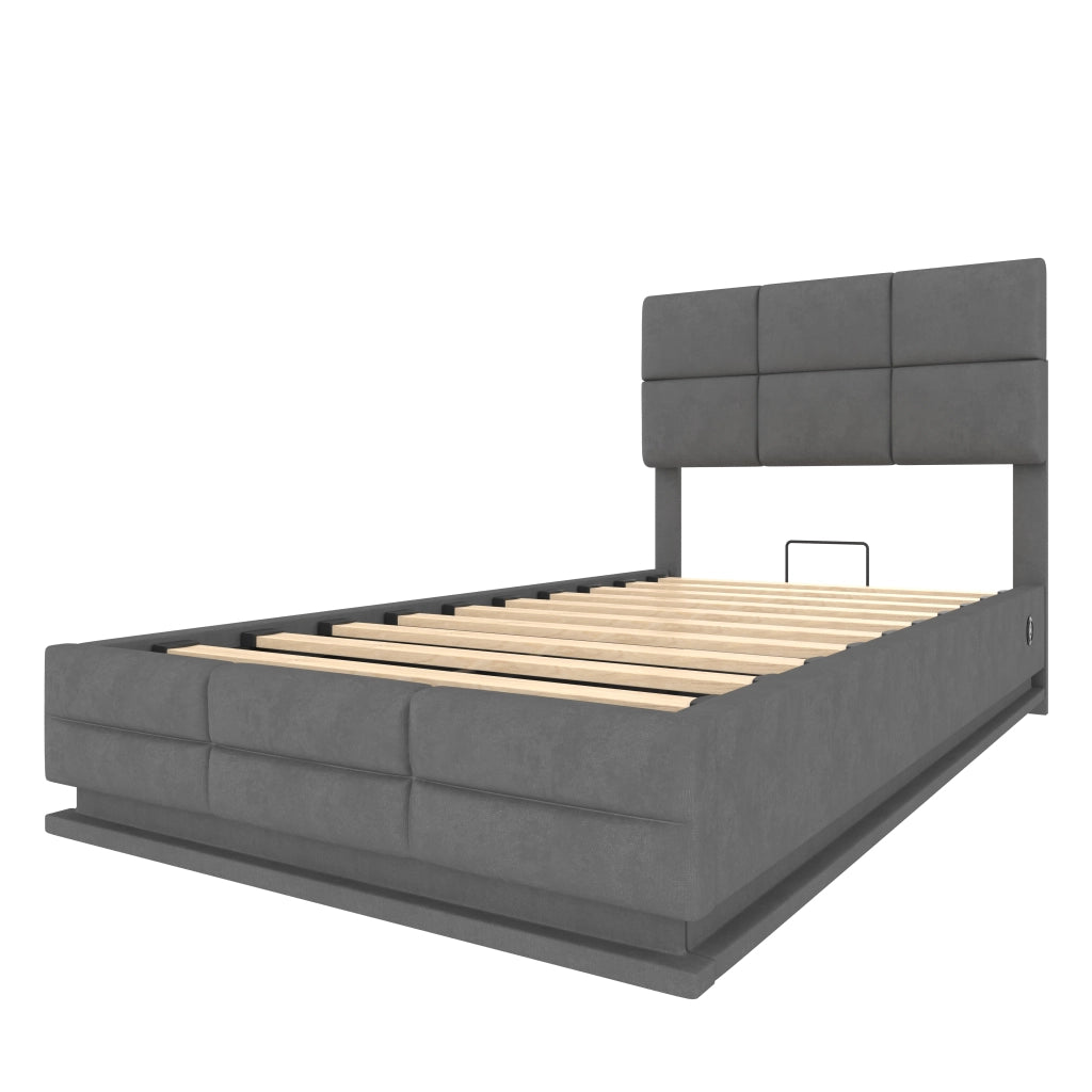 Letto contenitore singolo 90x200 cm in velluto grigio scuro con testiera regolabile; LED; USB e USB-C