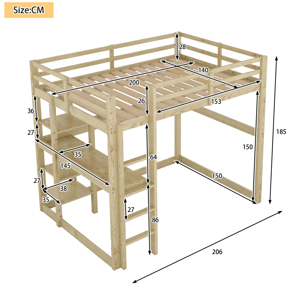 Letto a soppalco per bambini con contenitore, in pino massello, con 4 ripiani e piano scrivania, naturale, 140 x 200 cm