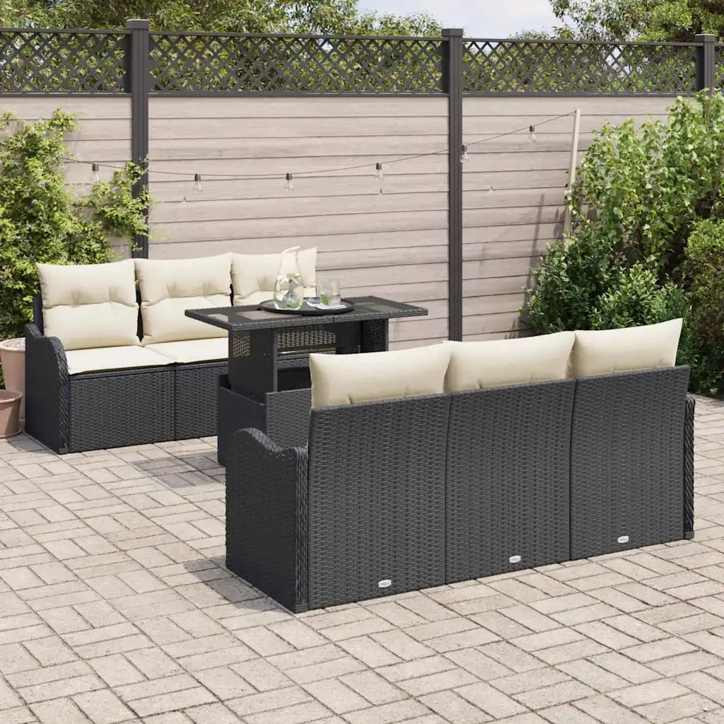 Set Divano da Giardino con cuscino 7 pcs Nero Poly Rattan