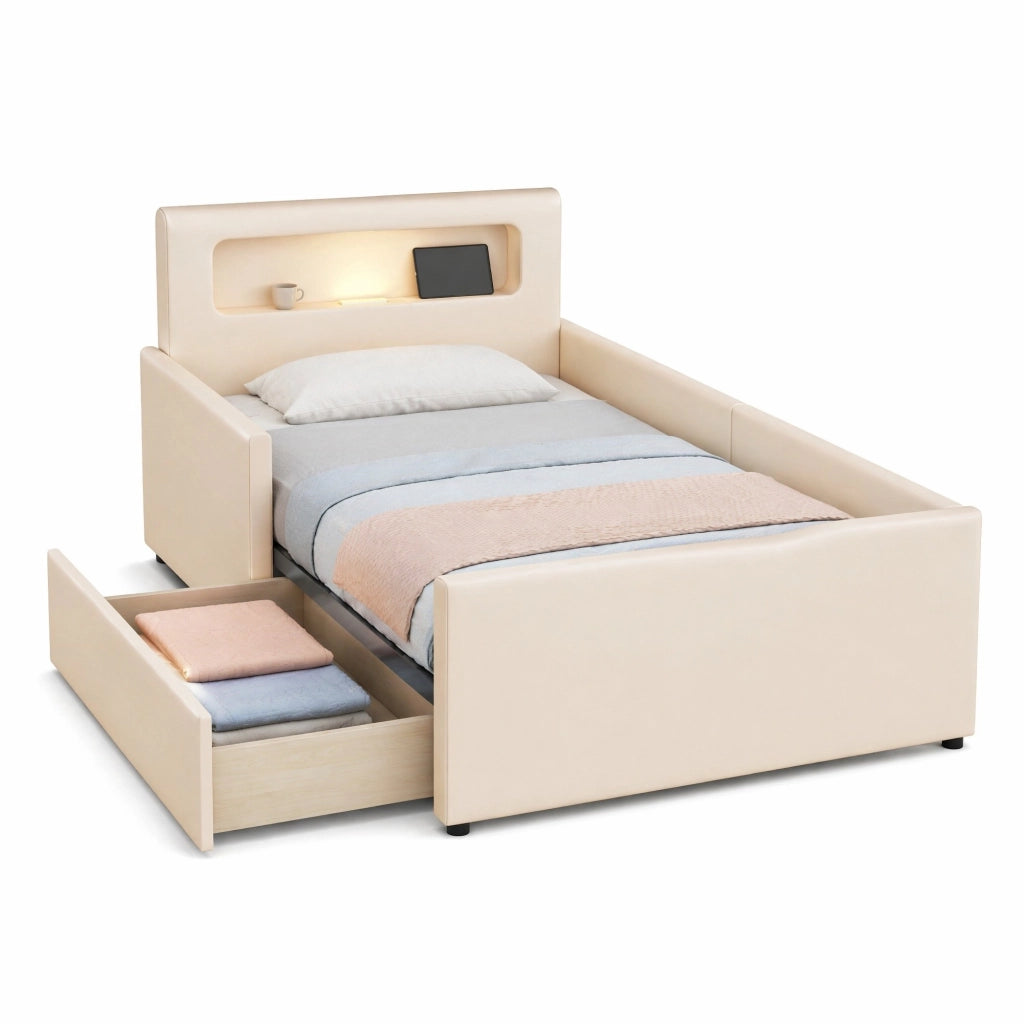 Letto imbottito per bambini 90x200 cm con luce notturna, USB e cassetti