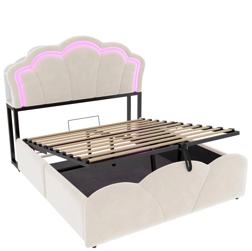 Letto matrimoniale contenitore 140x200 cm in velluto beige con LED; prese e vani testiera HOMVRA