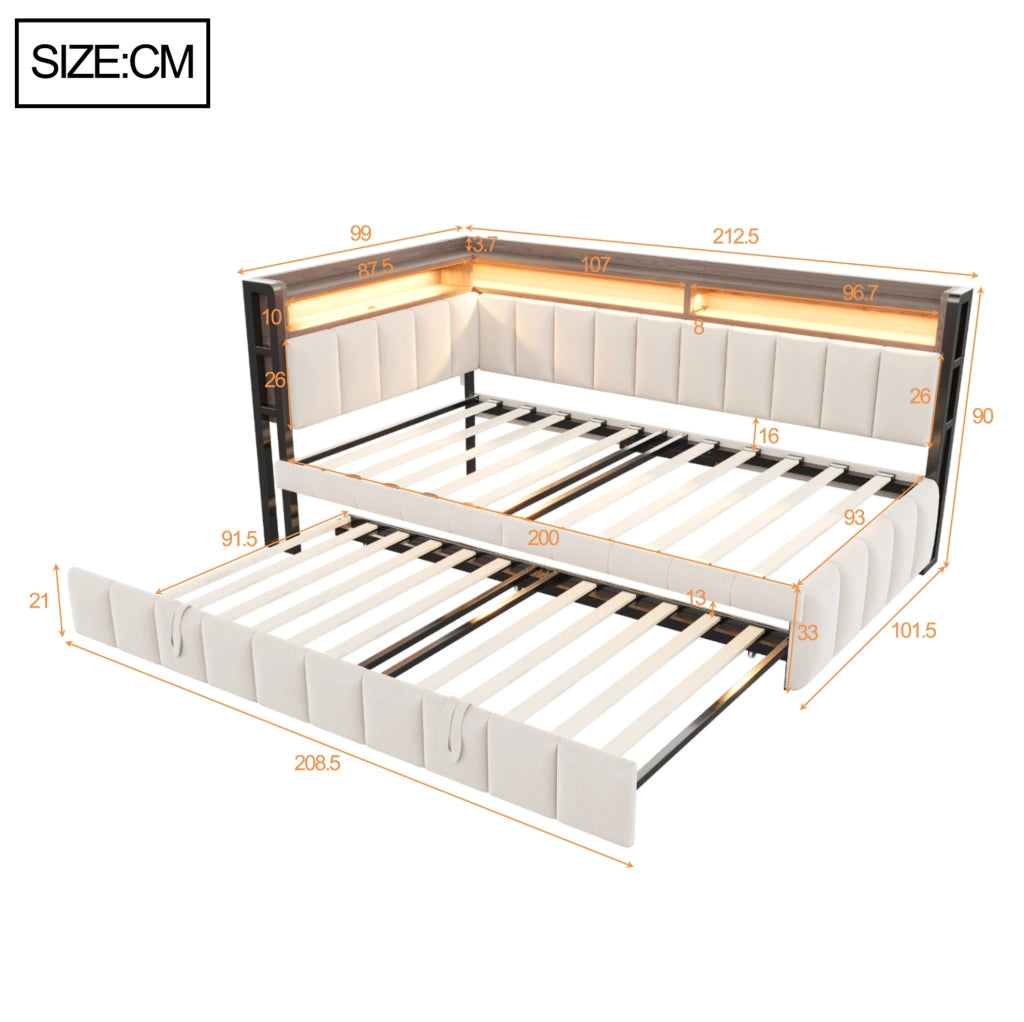 Divano letto ULEVR 90x200 cm estraibile con LED, USB e Type-C, vani portaoggetti, velluto beige