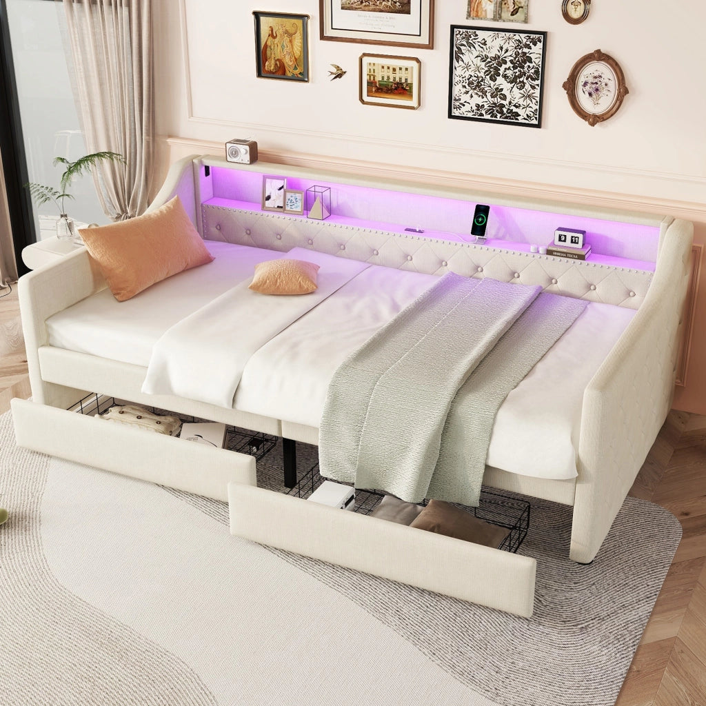 Daybed 90x200 cm con rete a doghe, 2 cassetti, luce LED ambientale e porta USB, struttura in lino e MDF, Beige