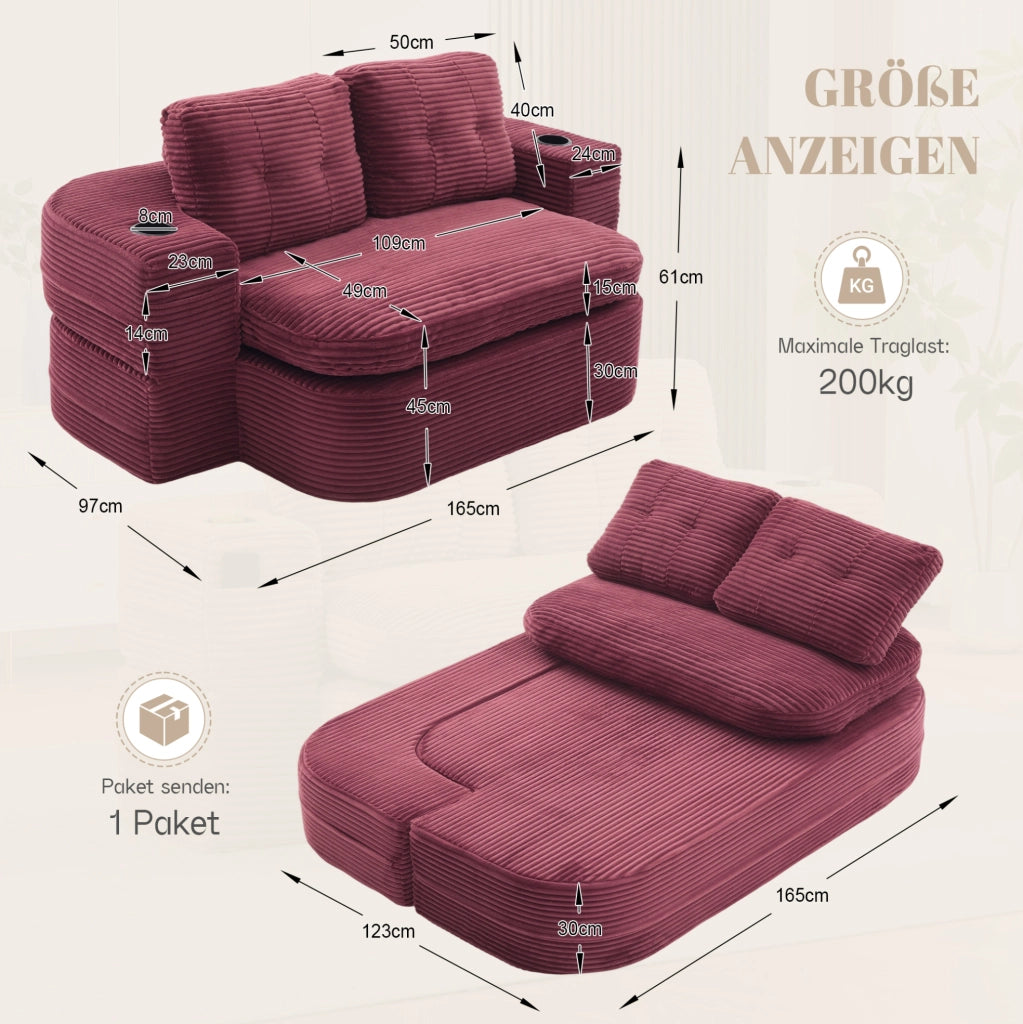 Poltrona letto 2-in-1 in velluto a coste, divano convertibile con braccioli regolabili e doppio porta bevande, colore vino