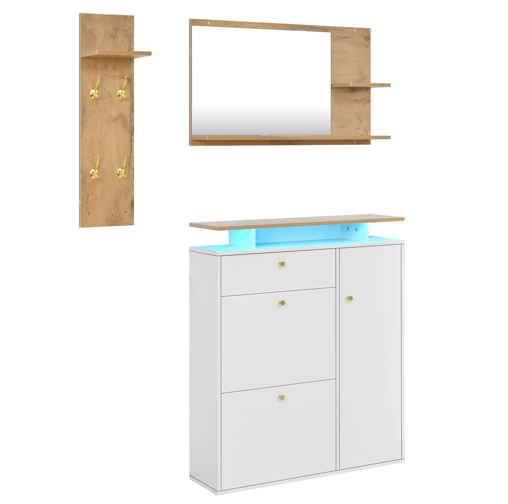 Set guardaroba da ingresso 3 pezzi con specchio, mensola cappelli e scarpiera con illuminazione LED, 4 ganci, bianco e naturale, 105x25x151,5 cm