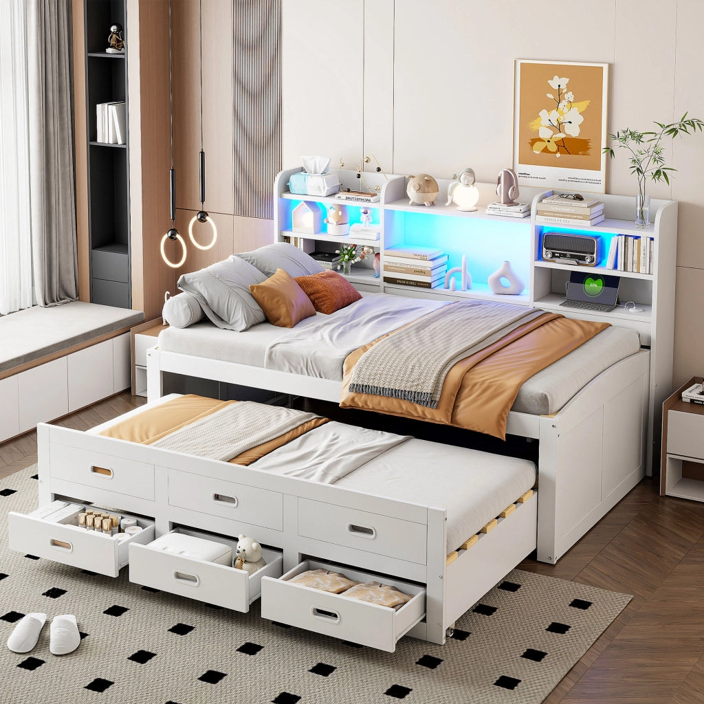 Letto divano 90 × 200 cm 1 posto con letto estraibile; 3 cassetti; LED regolabile; USB e Type-C; senza materasso; bianco