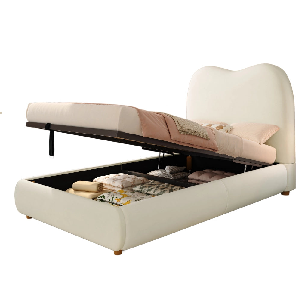 Letto per bambini 90x200 cm con vano contenitore idraulico; rete a doghe; velluto beige