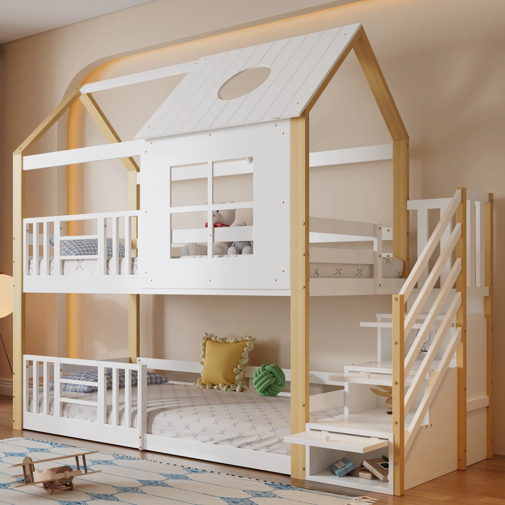 OKWISH Letto a Castello 90×200 cm, Letto Singolo con Scala Contenitore, Sponde e Design a Casetta, senza Materasso, Bianco Naturale