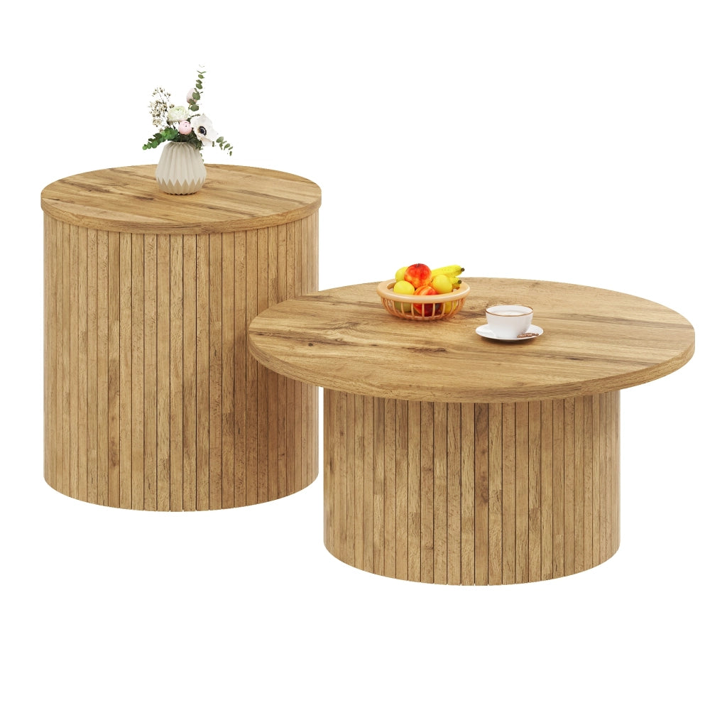 OKWISH Tavolini da Salotto Impilabili Rotondi con Doppia Struttura Separabile, Stile Minimalista, MDF, Naturale