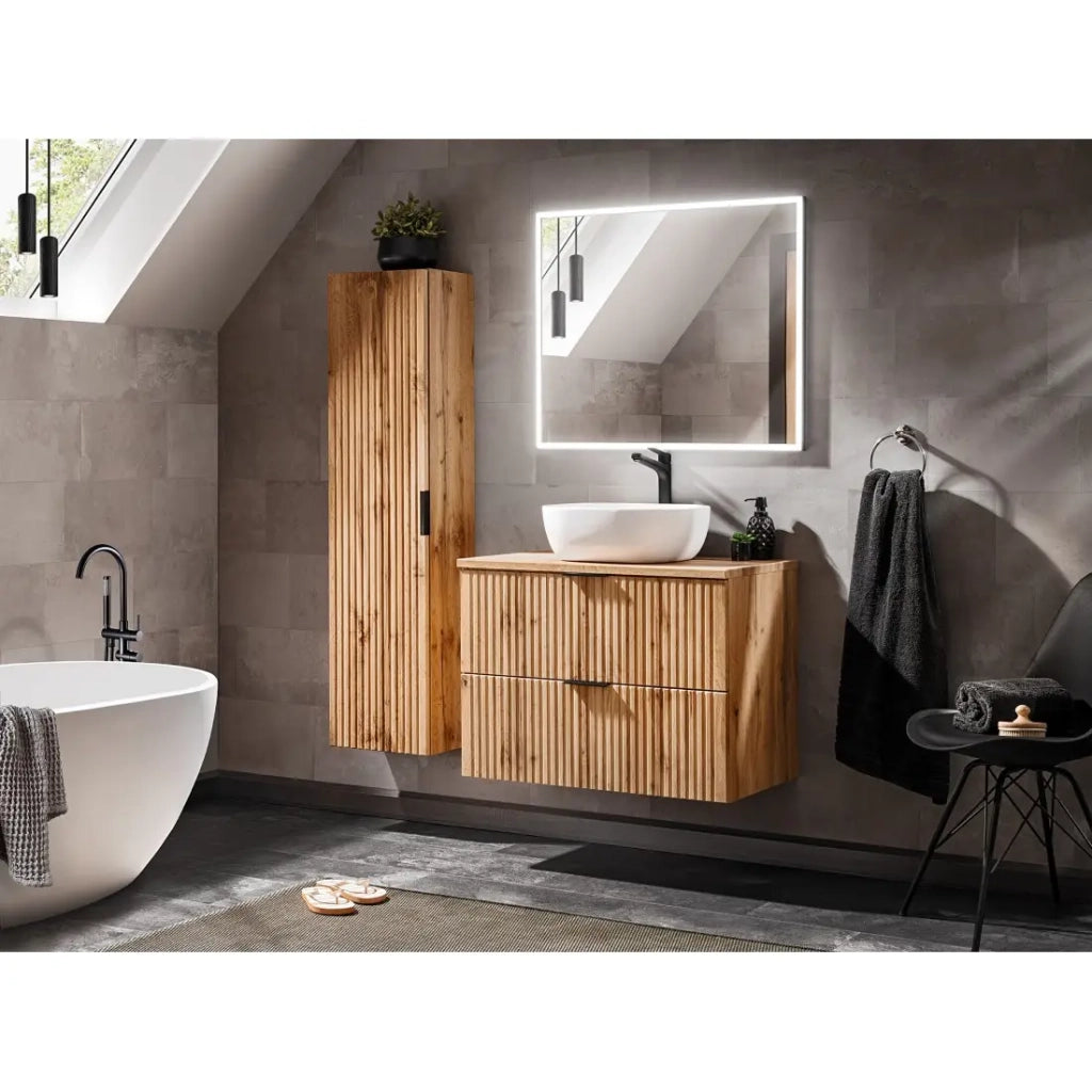 Mobile sottolavabo NOXERA – 60 cm – 2 cassetti – Colore rovere wotan – Mobile sospeso moderno