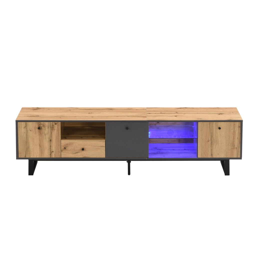 Mobile TV basso moderno con LED, ante con cerniere ammortizzate, 3 ante, 3 scomparti e 1 cassetto