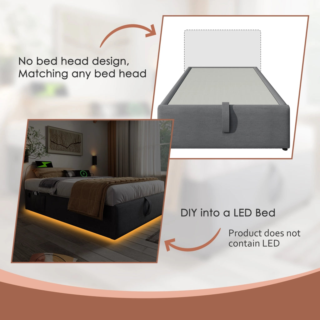 Letto contenitore 90 × 190 cm con USB e Type-C senza testiera in cotone e lino grigio