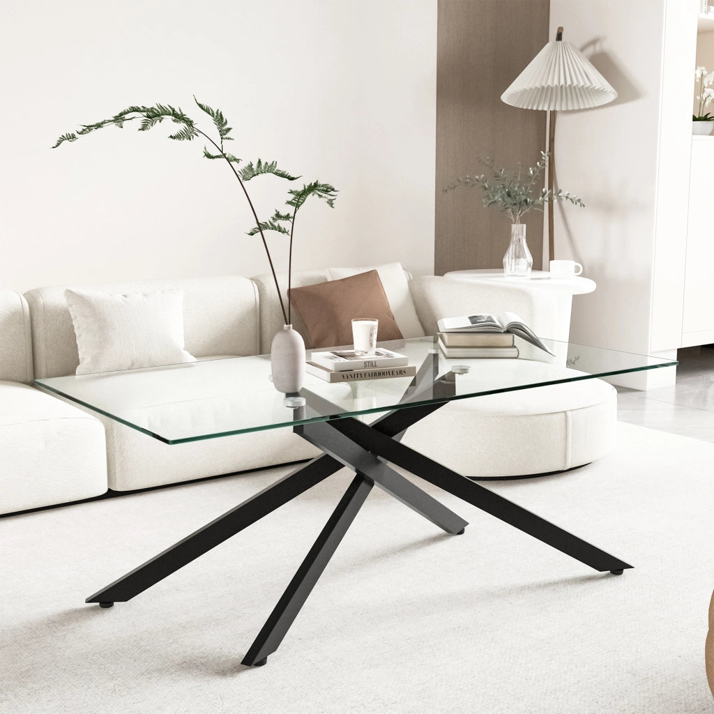 Tavolino basso fisso in vetro temprato con gambe in metallo nero rettangolare 120 × 60 × 46 cm