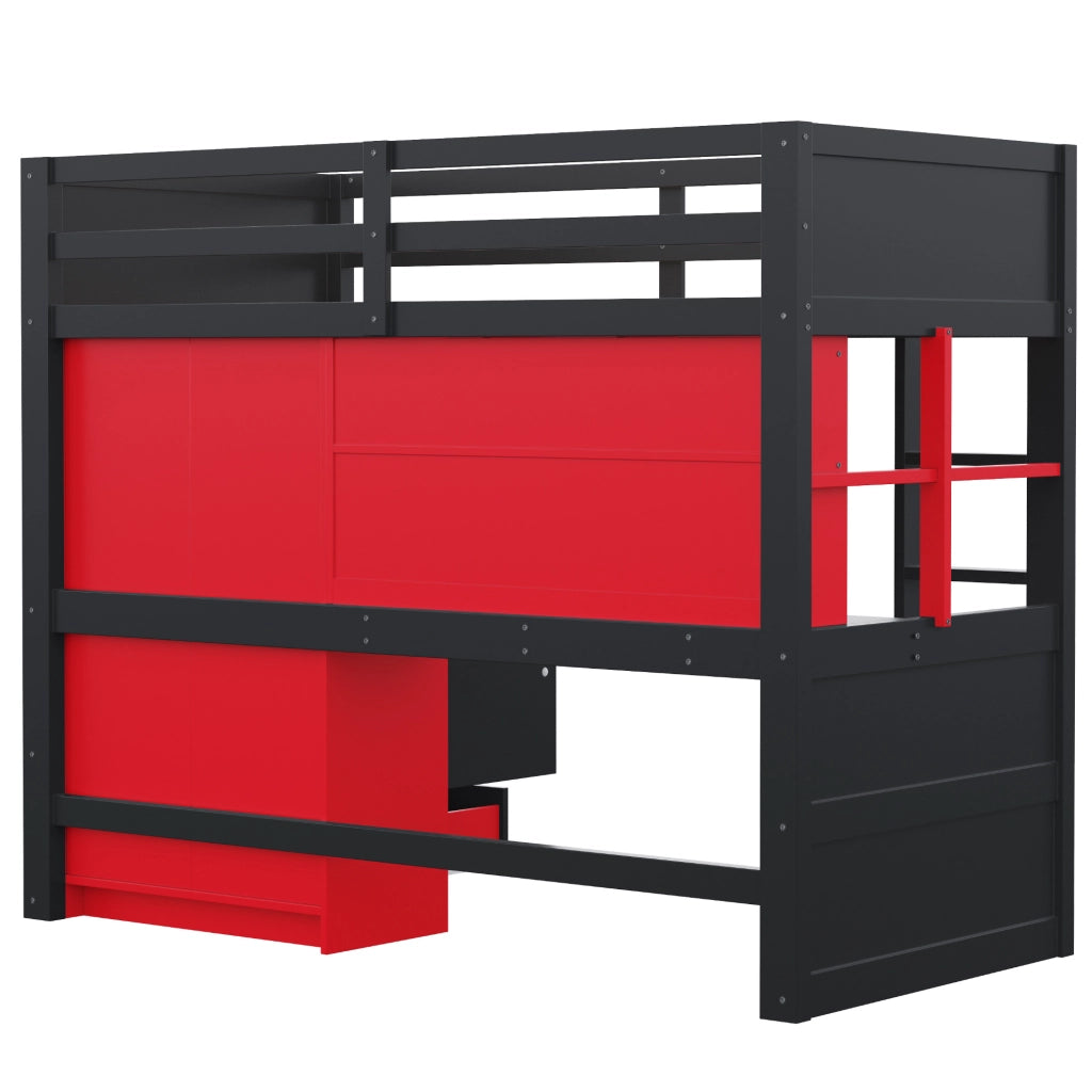 Letto a soppalco per bambini 90x200 cm con scala, armadio, cassetti e scrivania integrata, colore nero e rosso