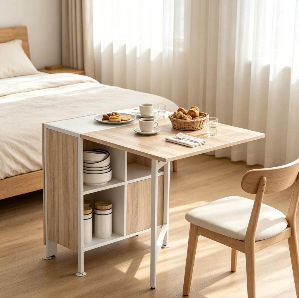 Tavolo da Pranzo Allungabile in MDF con Effetto Quercia Chiara, Tavolo Pieghevole Moderno con Ripiani