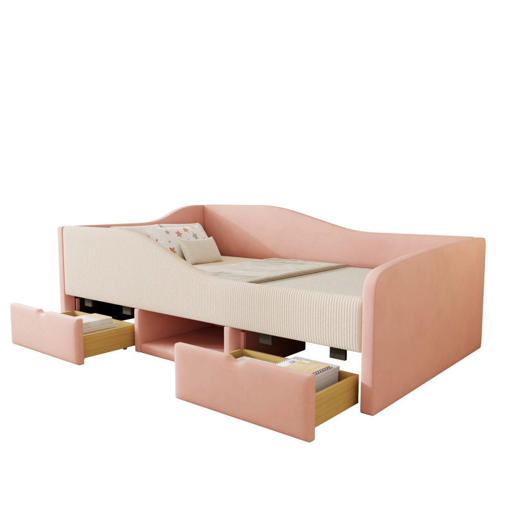 Divano letto 90x190; con 2 cassetti e guide di sicurezza; velluto; rosa e crema