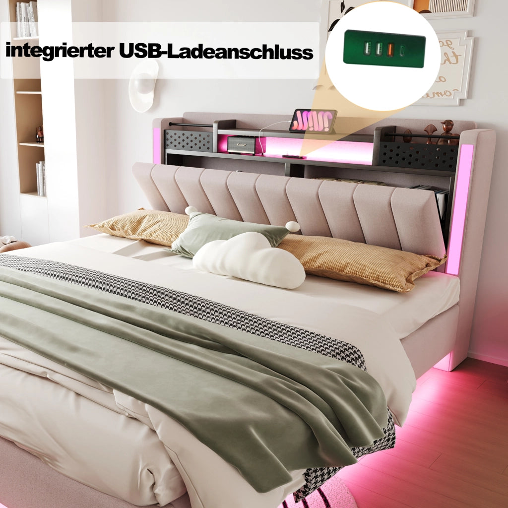 Letto imbottito 160 × 200 cm con LED e porta USB testiera con vano contenitore rivestito in tessuto di lino beige