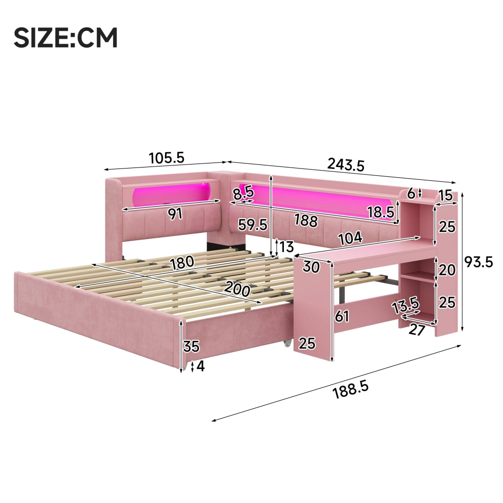 Letto imbottito con LED e giroletto estraibile ¨C Minimal ¨C Rosa velluto 90x200 cm