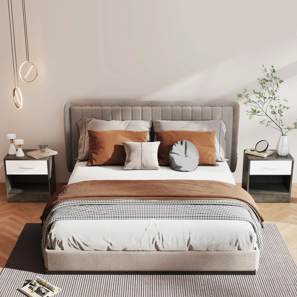 Set 2 Comodini da Notte Moderni con Cassetto e Ripiano Aperto, Tavolini Salvaspazio in Legno per Camera e Salotto, 39x28x41 cm, Bianco e Grigio