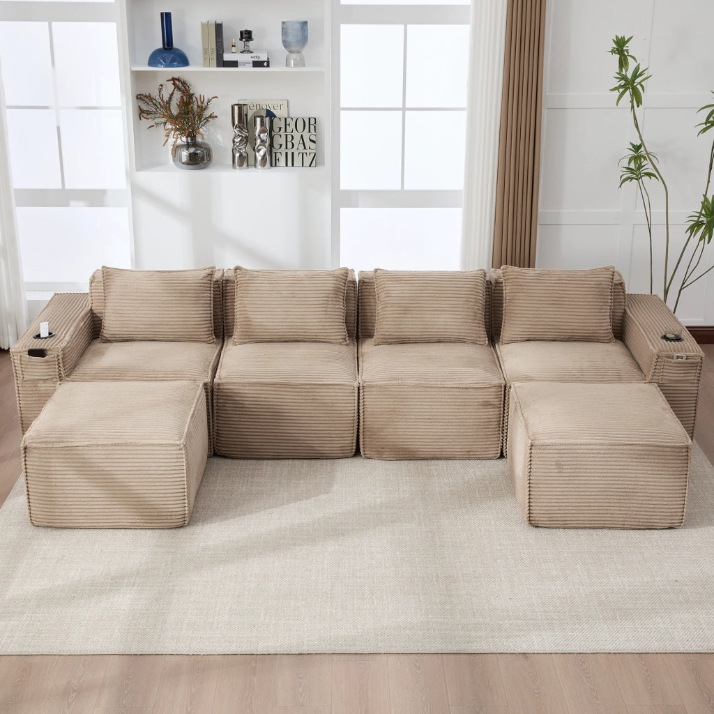 Divano modulare a 4 posti in velluto a coste kaki con 2 pouf portabevande e tasche laterali 330 × 162 × 75 cm