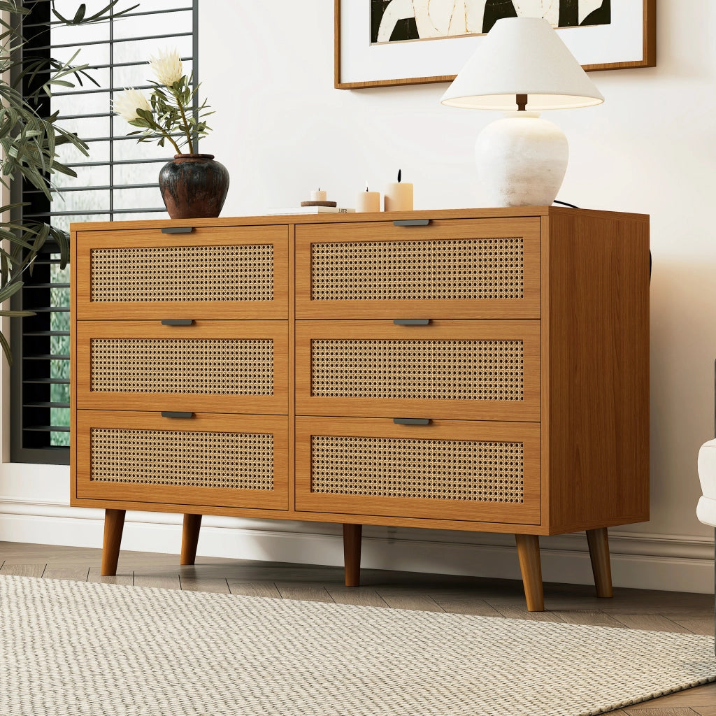 Cassettiera retrò con 6 cassetti e maniglie in metallo per camera e soggiorno, in truciolare noce, 120 × 40 × 76,5 cm