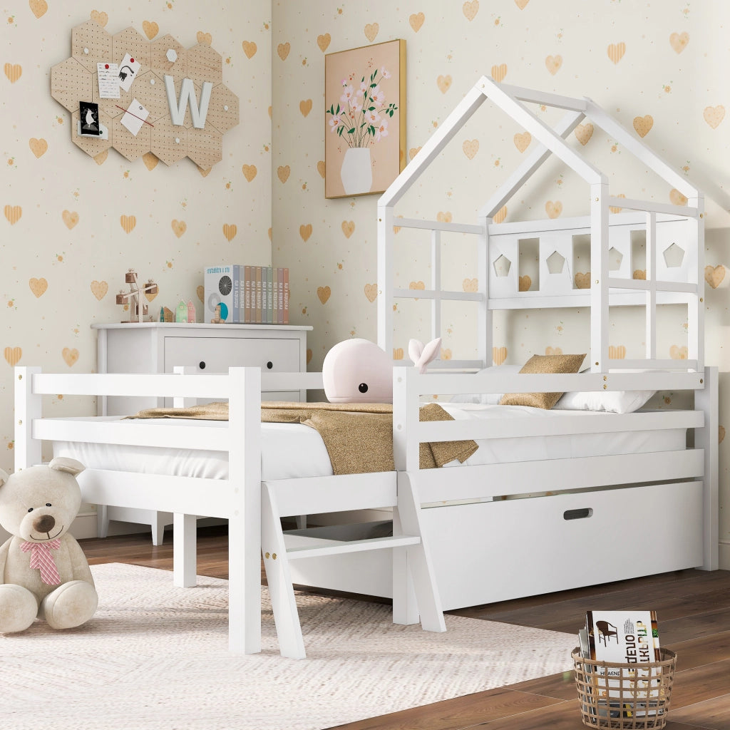 Letto a soppalco per bambini 90x200 cm con scala; cassetto e rete a doghe bianco