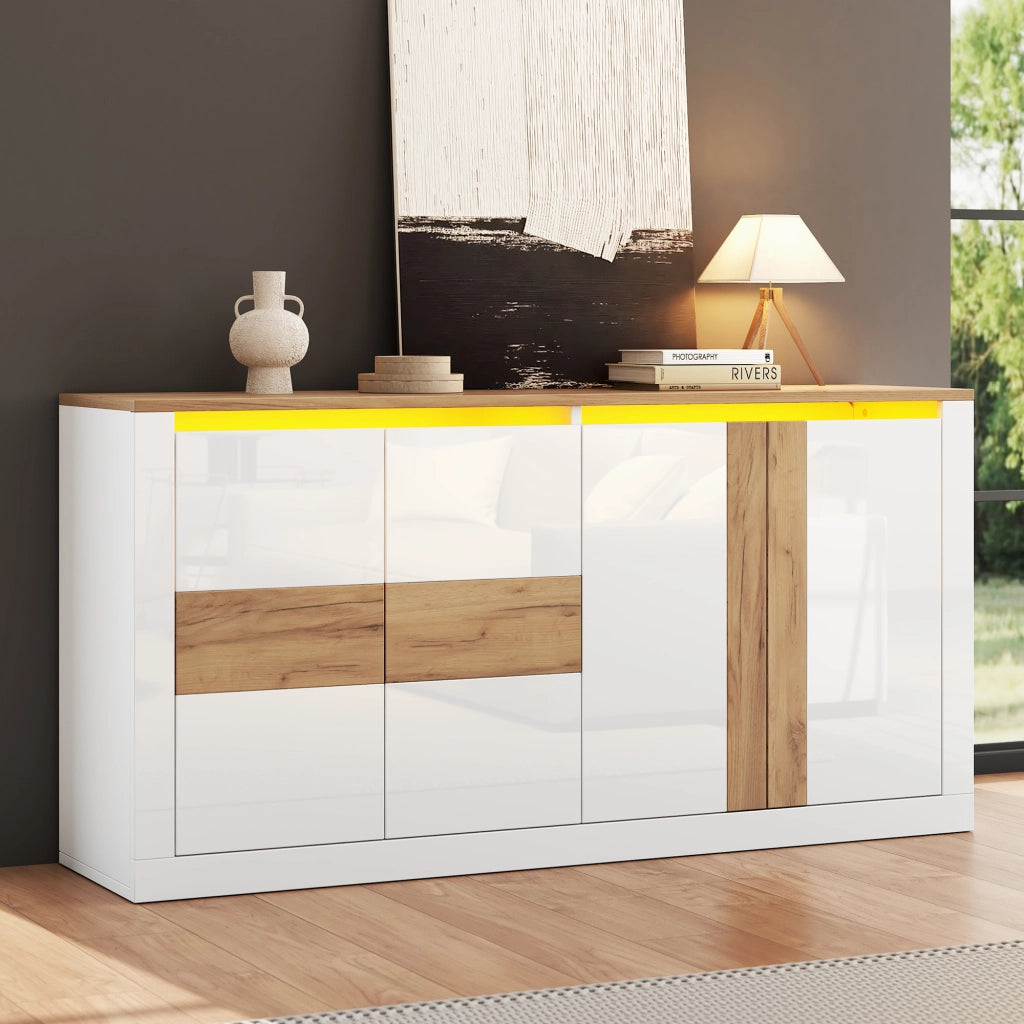 Credenza con 4 ante; ripiani regolabili e LED RGB - per soggiorno - 140×35×70 cm - bianco