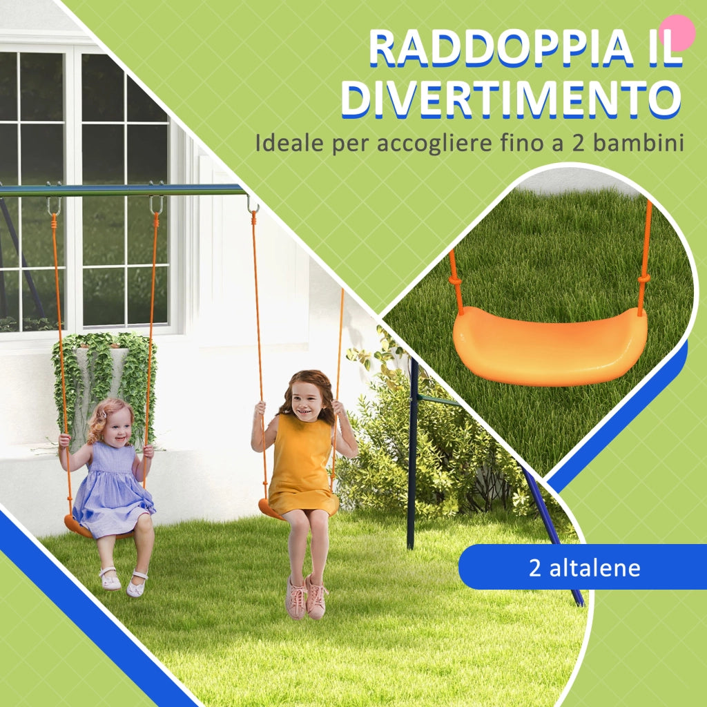 Altalena per Bambini 3-8 Anni con 2 Seggiolini e 4 Picchetti, in Metallo e PP, 269x160x180 cm