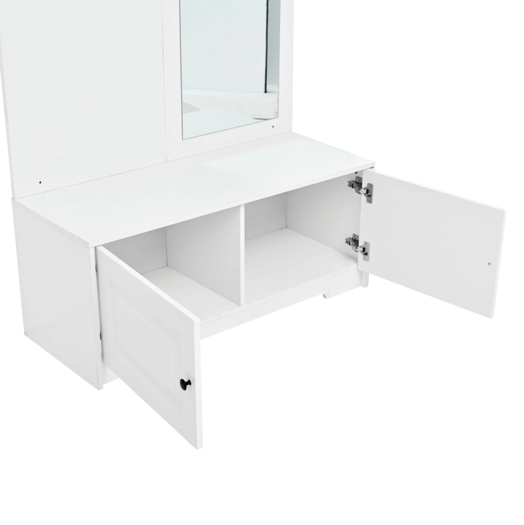 Mobile da ingresso 100x40x180 cm con specchio, 5 ganci e 2 armadietti in MDF bianco