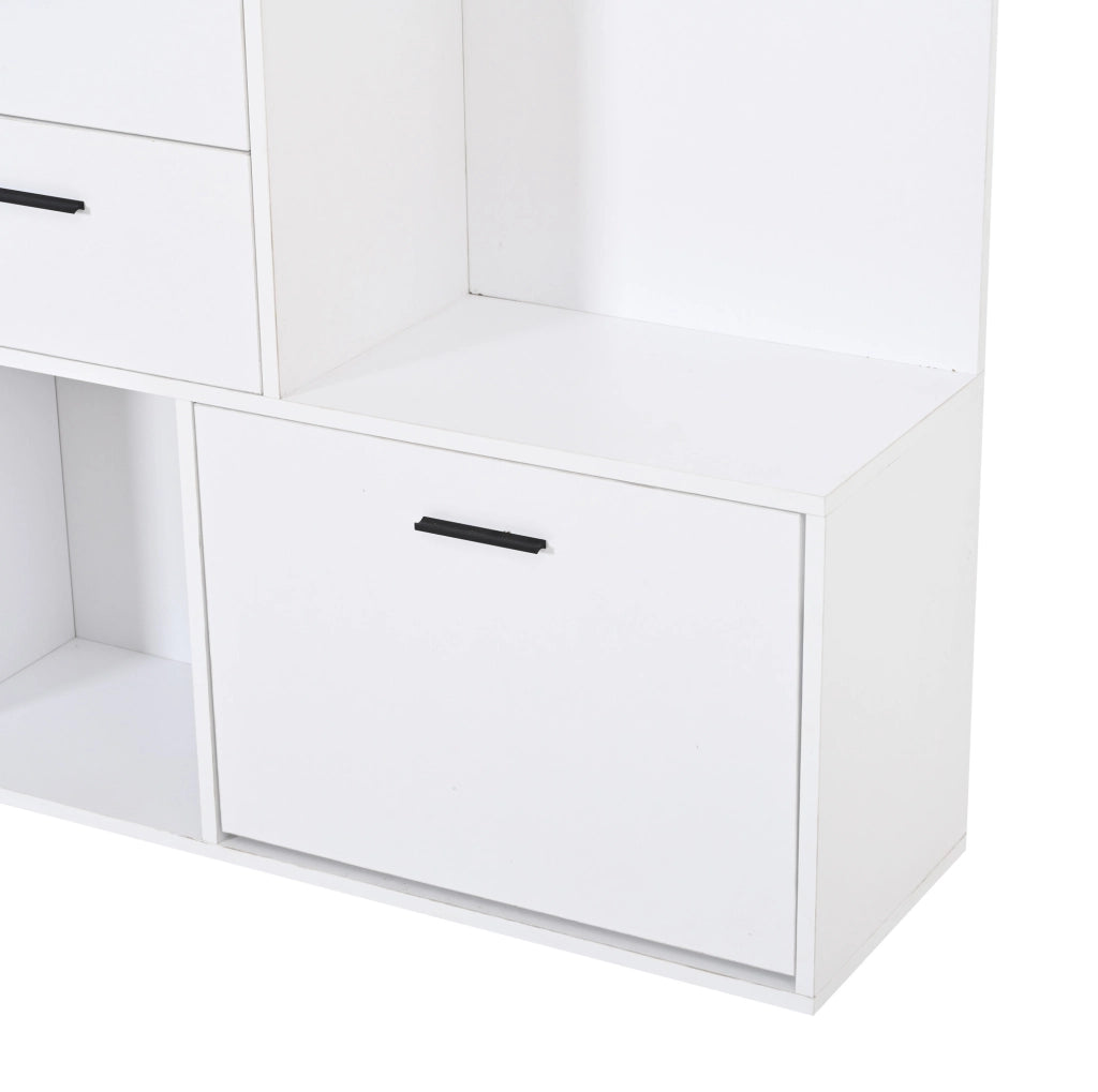 Garderoba bianca in MDF 90x30x180 cm con specchio, 2 cassetti, 3 ganci e scarpiera ribaltabile