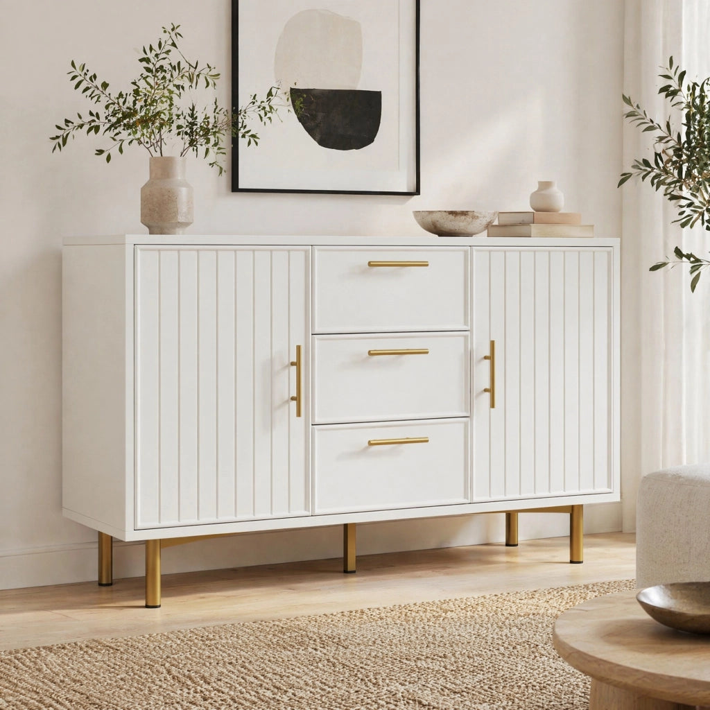 Credenza bianca 120 cm con 2 ante, 3 cassetti e ripiani regolabili
