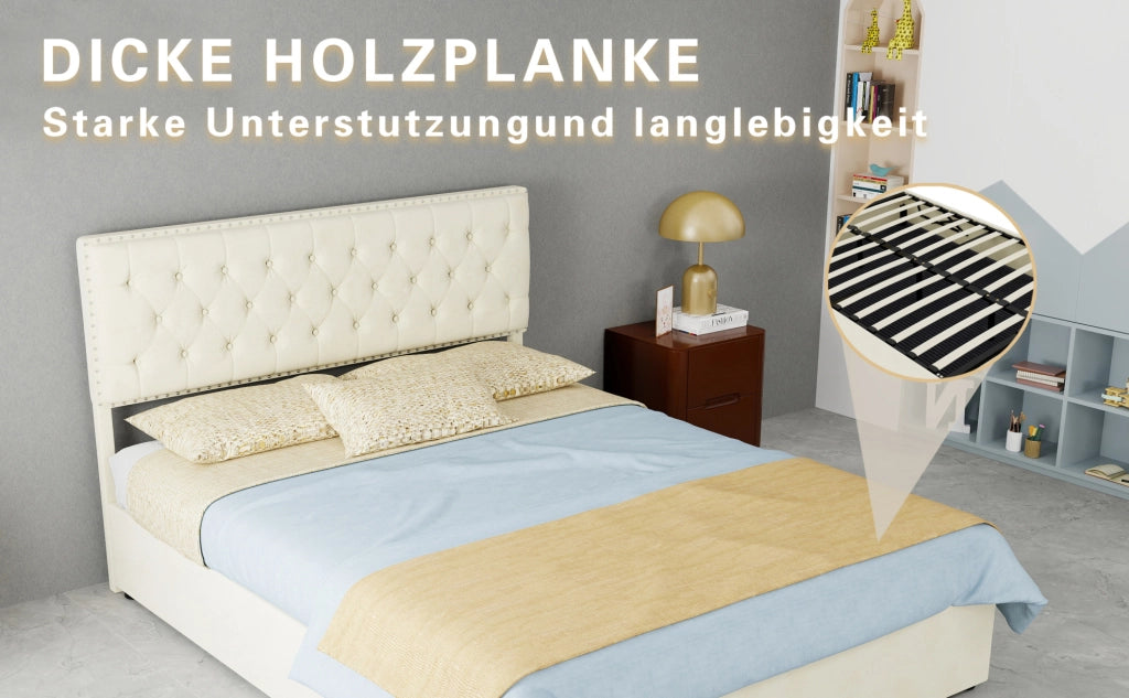 Letto moderno minimalista beige 140x200 cm con testiera imbottita e contenitore, struttura in legno con supporto pneumatico, senza materasso