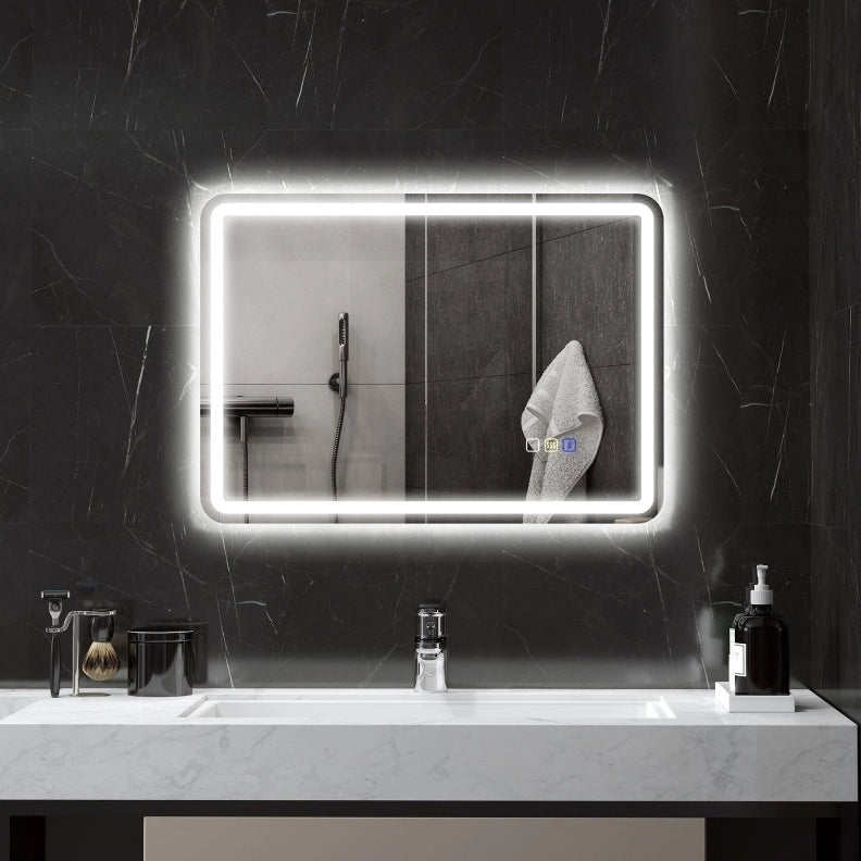 Specchio da bagno LED 50x70 cm con illuminazione regolabile, Bluetooth, touch e antifoschia, colore argento