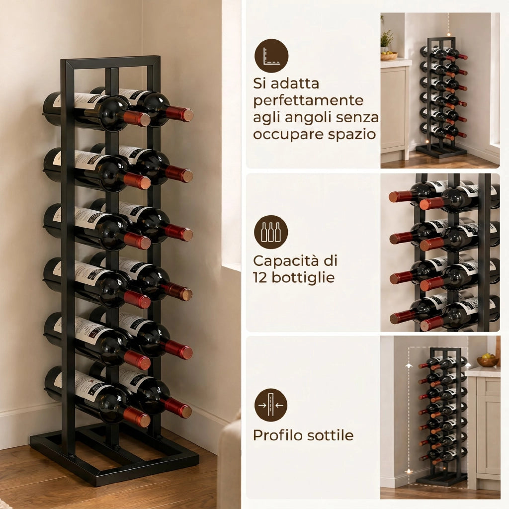 Cantinetta Vini Portabottiglie da Terra in Metallo per 12 Bottiglie. Nero