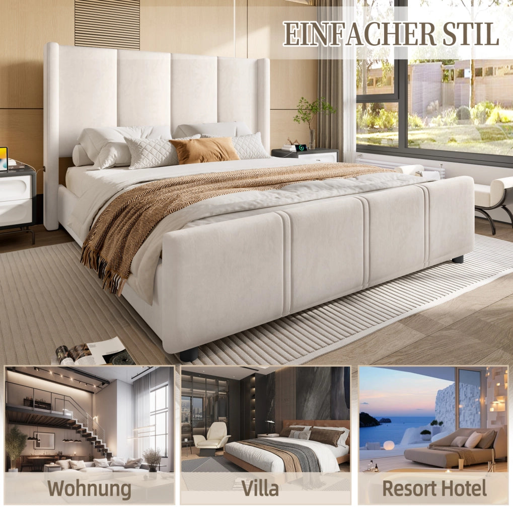 Letto imbottito 140 x 200 cm beige con testiera alta e porte USB/Type-C
