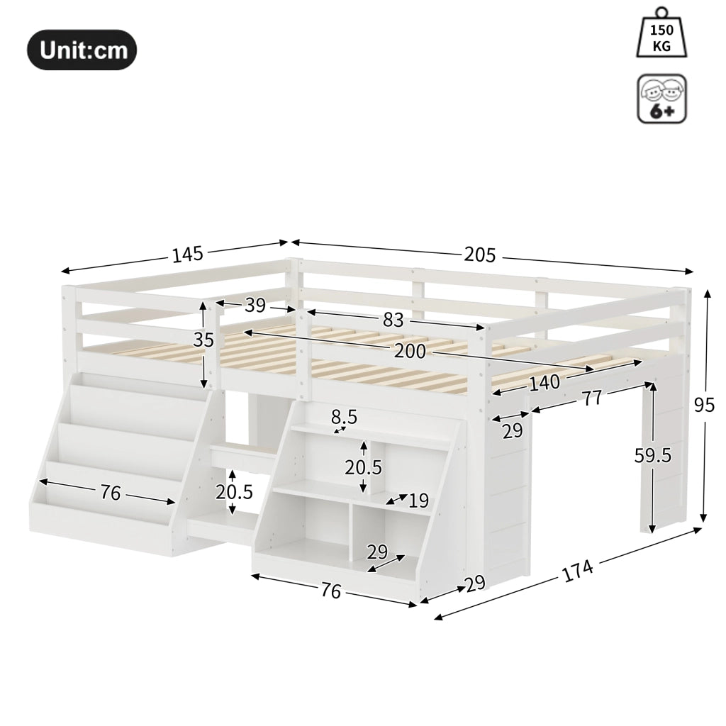 Letto a Soppalco 140x200 cm in legno di pino con LED; Ripiani; Sponde di Sicurezza Bianco